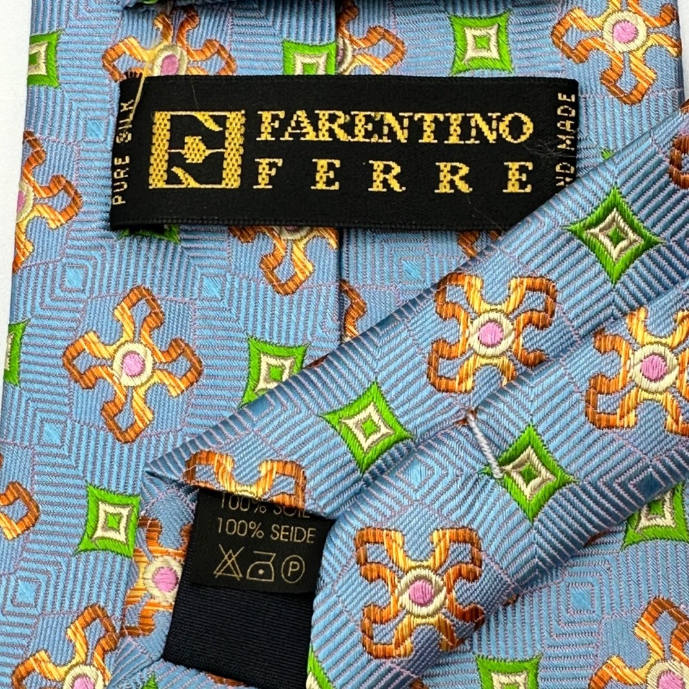 Farentino Ferre Mens 100% Silk Tie Blue Geometric Floral Business Dress Tie NEW - Picture 2 of 5